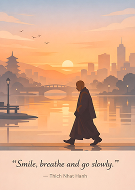 Monk walking at sunset