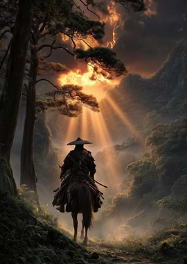 Samurai on Horseback in Misty Forest