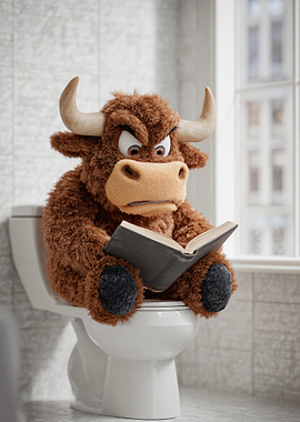 Furry bull reading on toilet