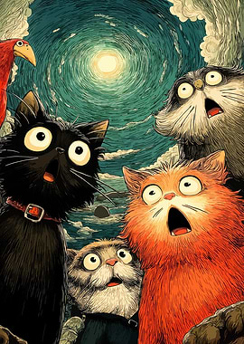 Surprised Cats Under a Full Moon