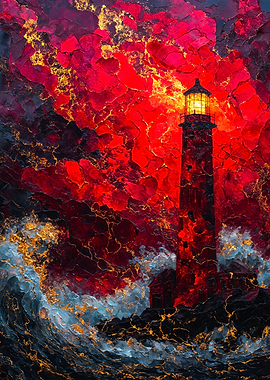 Red Lighthouse Stormy Sea Painting