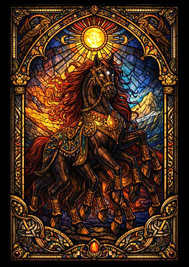 Stained Glass Horse with Sun and Mountains