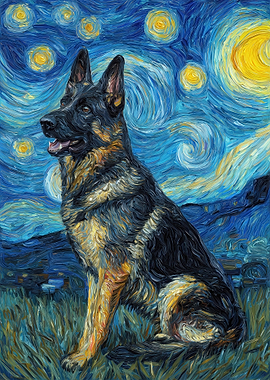 German Shepherd in Starry Night Style