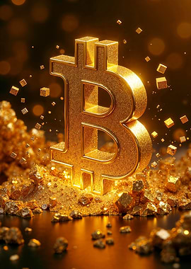 Golden Bitcoin Symbol with Gold Nuggets