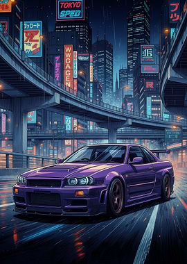 Purple Nissan Skyline GT-R in Neon City