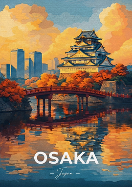 Osaka Castle and Bridge at Sunset