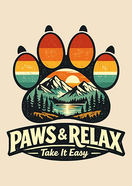 Paw Print Poster, Retro Mountain Lake Wall Art, Nature Sunset Landscape Print