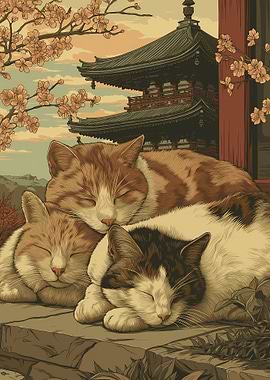 Three Cats Sleeping by a Pagoda Japan