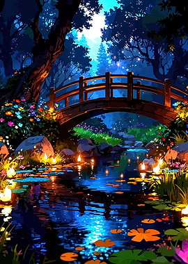 Enchanted Forest Bridge at Night