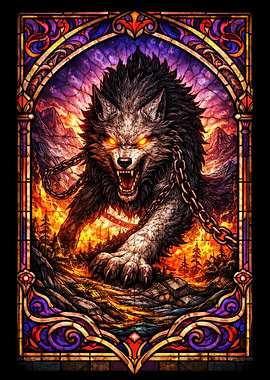 Chained Wolf in Fiery Landscape