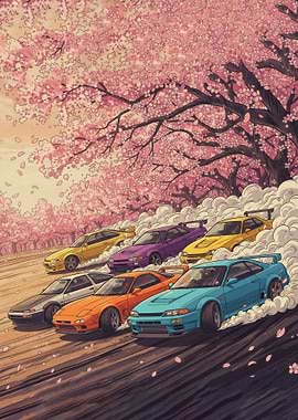 Drifting Cars Under Cherry Blossoms