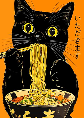 Black Cat Eating Ramen