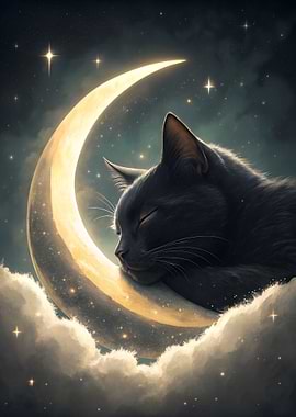 Black cat sleeping on the moon