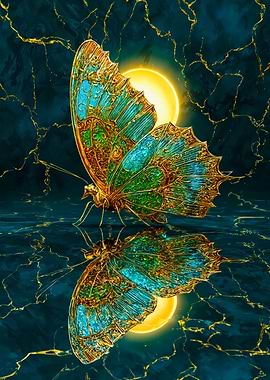 Golden Butterfly Water Reflection Art