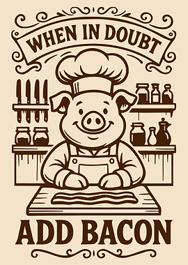 When in Doubt Add Bacon Poster, Funny Pig Chef Kitchen Wall Art, Food Humor Print