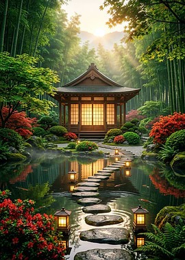 Tranquil Japanese Garden at Sunrise