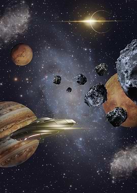 Spaceship navigating an asteroid field near planets