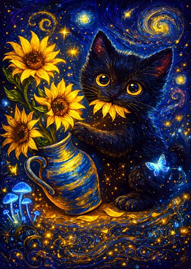 Cute Black Kitten with Sunflowers
