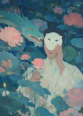 Dragon and Masked Figure in Lotus Pond