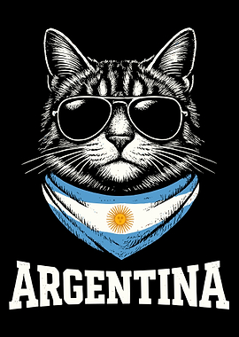 Argentina Cat Poster, Cool Tabby with Aviators Wall Art, Patriotic Argentina Print