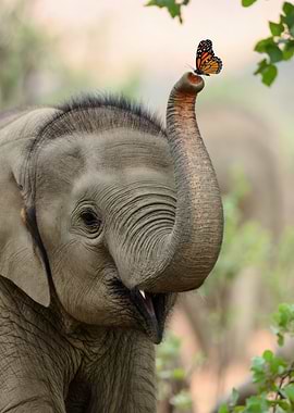 Baby elephant and butterfly
