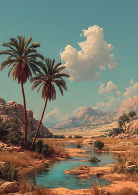 Desert Oasis with Palm Trees