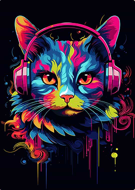Colorful Cat with Headphones