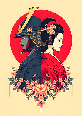 Samurai and Geisha with Cherry Blossoms