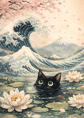 Black Cat in Japanese Wave Painting