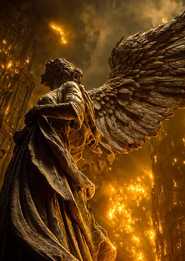 Stone Angel Statue Burning City