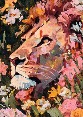 Lion surrounded by flowers