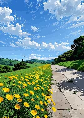 Sunny Meadow Path with Yellow Flowers