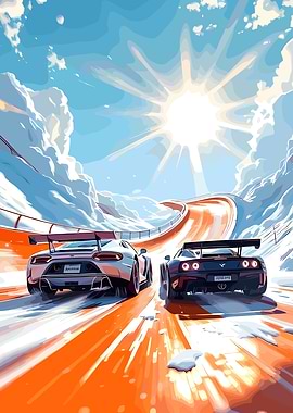 Racing Cars on a Snowy Mountain Track