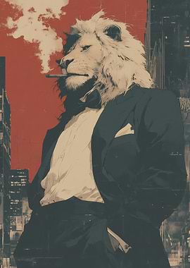 Anthropomorphic Lion in Suit Smoking Cigar