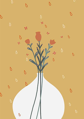 Floral arrangement in a vase with falling raindrops