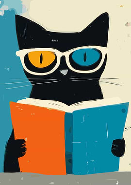 Black Cat Reading with 3D Glasses