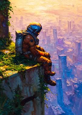 Astronaut contemplating a futuristic city