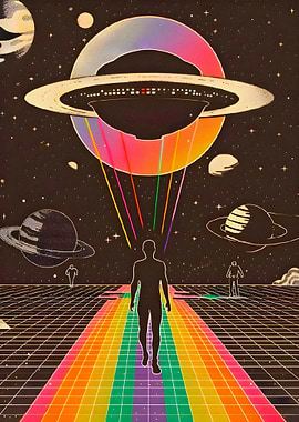 Retro Space Odyssey with UFO and Rainbow Path