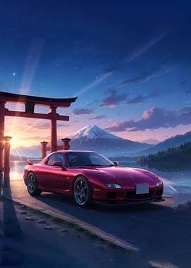 Red Sports Car at Mount Fuji