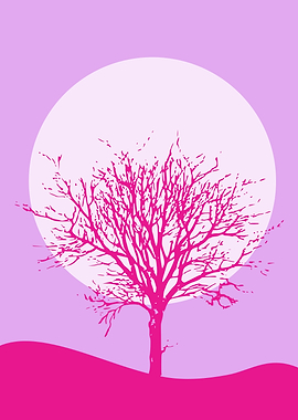 Pink Tree Silhouette Against Moon
