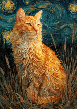 Orange Cat in Starry Night Style