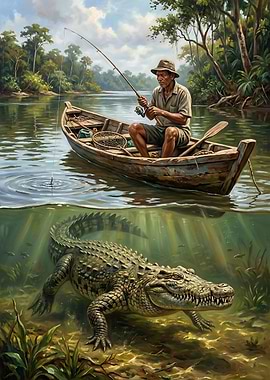 Fisherman and Crocodile in River