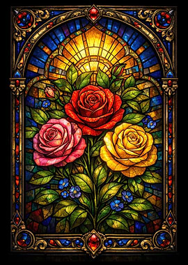 Stained Glass Roses and Sunburst