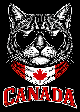Canada Cat Poster, Tabby Cat with Aviator Sunglasses Wall Art, Canadian Flag Print