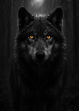 Black Wolf with Glowing Eyes in Rain