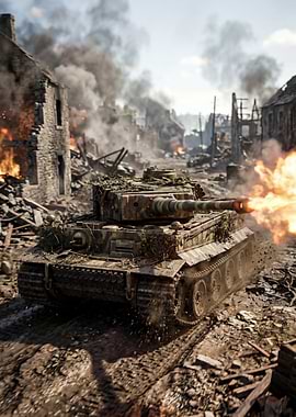 Tiger Tank Firing in War-Torn City