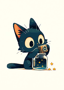 Cute Black Cat Capturing Stars