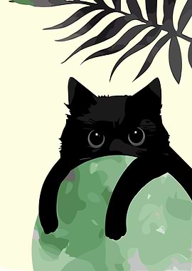 Black Cat Peeking Over Green Ball