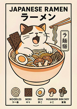 Cute Cat Enjoying Ramen
