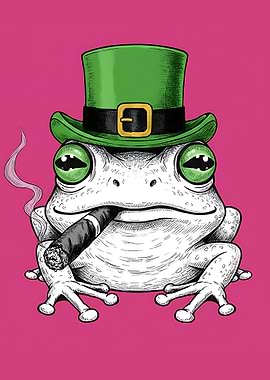 Frog Wearing a Leprechaun Hat Smoking a Cigar